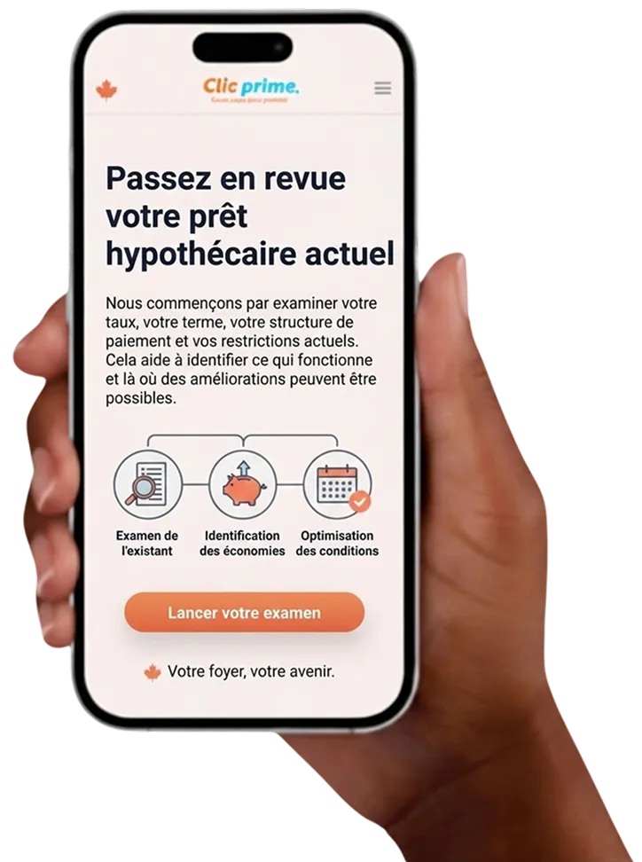 Main d'une personne tenant un smartphone affichant un site Clic prime invitant à revoir son hypothèque actuelle pour optimiser les taux et identifier les économies.