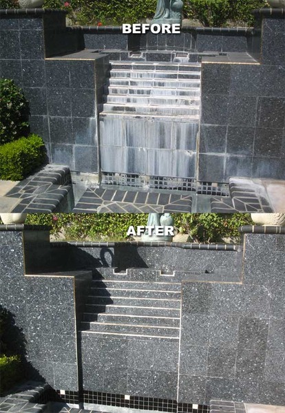 Before and after comparison of a stone fountain or water feature restoration