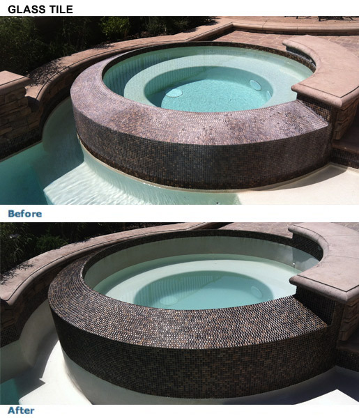 Circular hot tub with glass tile before and after renovation