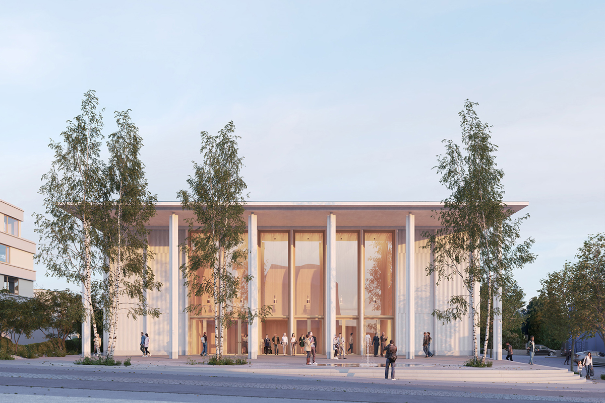 Eine Visualieiserung von einer Gebäudefront mit mehreren Bäumen rundum.