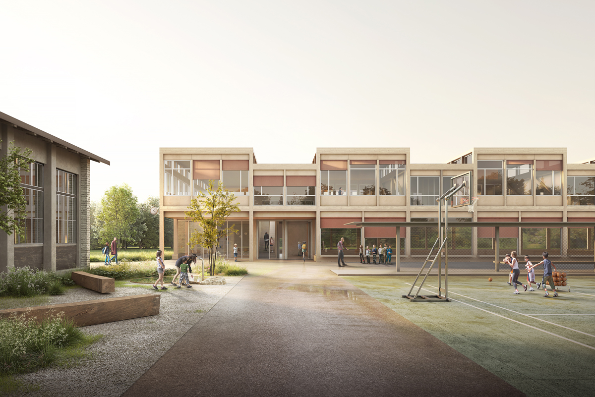 Visualisierung eines Schulhauses mit Sportplatz.