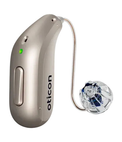 Silver Oticon hearing aid with transparent earbud connected by a thin wire.