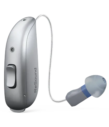 Silver ReSound hearing aid device with a thin wire connecting to a soft earbud.