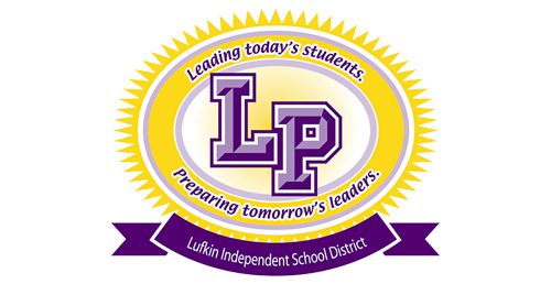 Lufkin Independent School District logo with purple 'LP' initials and yellow sunburst background, featuring the motto 'Leading today's students. Preparing tomorrow's leaders.'