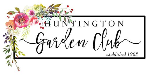 Huntington Garden Club logo with watercolor floral arrangement on top left and text 'Huntington Garden Club established 1968' inside a rectangular border.