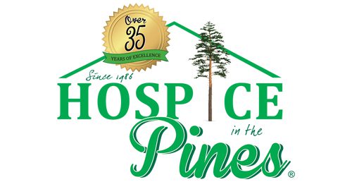 Hospice Pines logo featuring a green house outline with a pine tree in place of the letter I and a gold badge reading 'Over 35 Years of Excellence'.