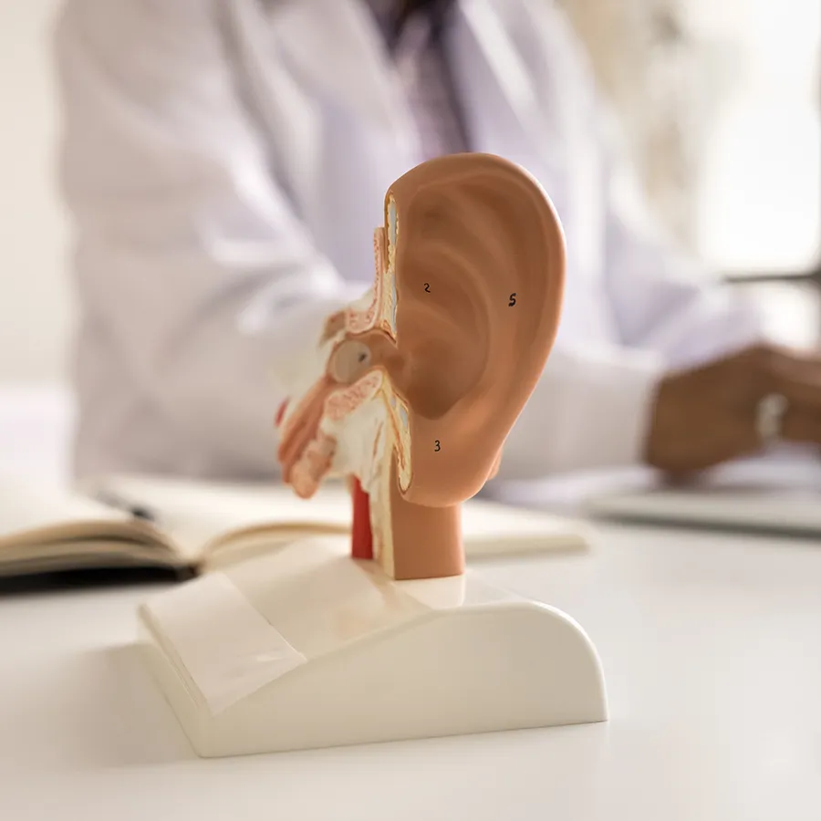 Older woman wearing an audiometric testing headset sitting in a chair with a technician standing beside her.