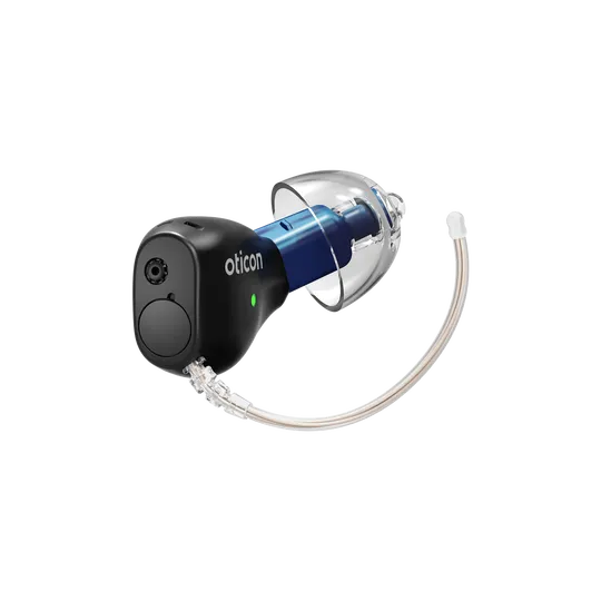 Silver Oticon hearing aid device with a clear earmold and thin tube.