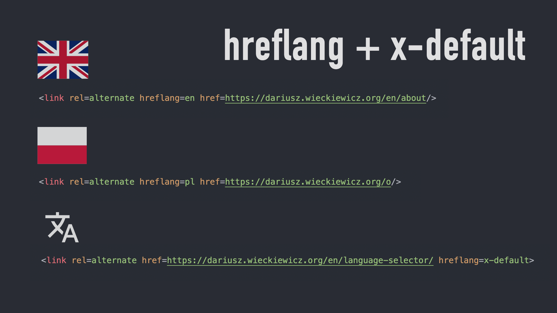 Setting hreflang and x-default on a multilingual site (with Hugo) – Dariusz Więckiewicz 🇬🇧