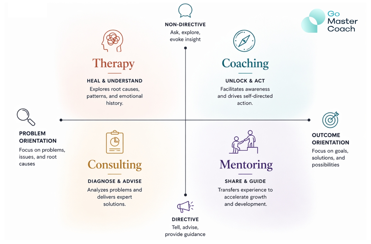 Comparison of coaching, mentoring, consulting, and therapy showing differences in roles and expertise