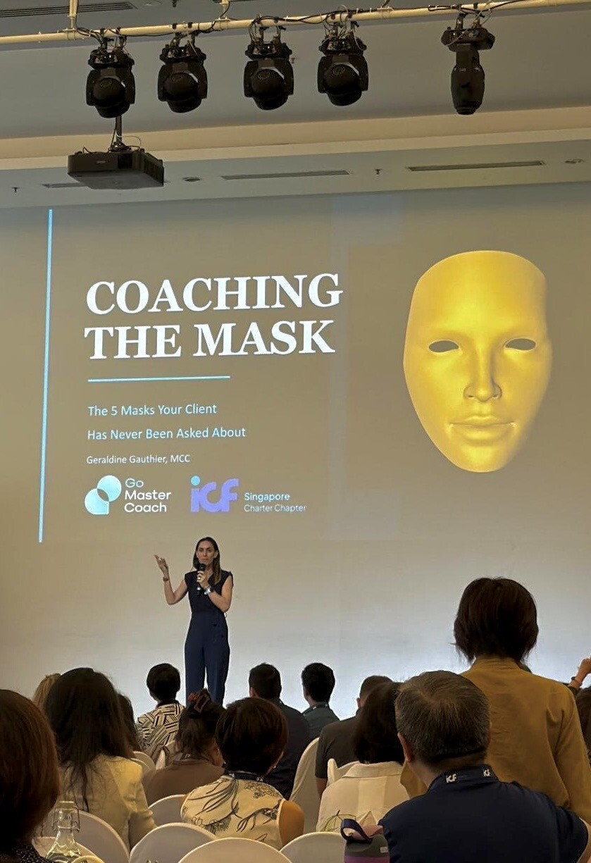 Géraldine Gauthier presenting the 5-Mask Framework keynote at ICF International Coaching Week Singapore on identity-level coaching