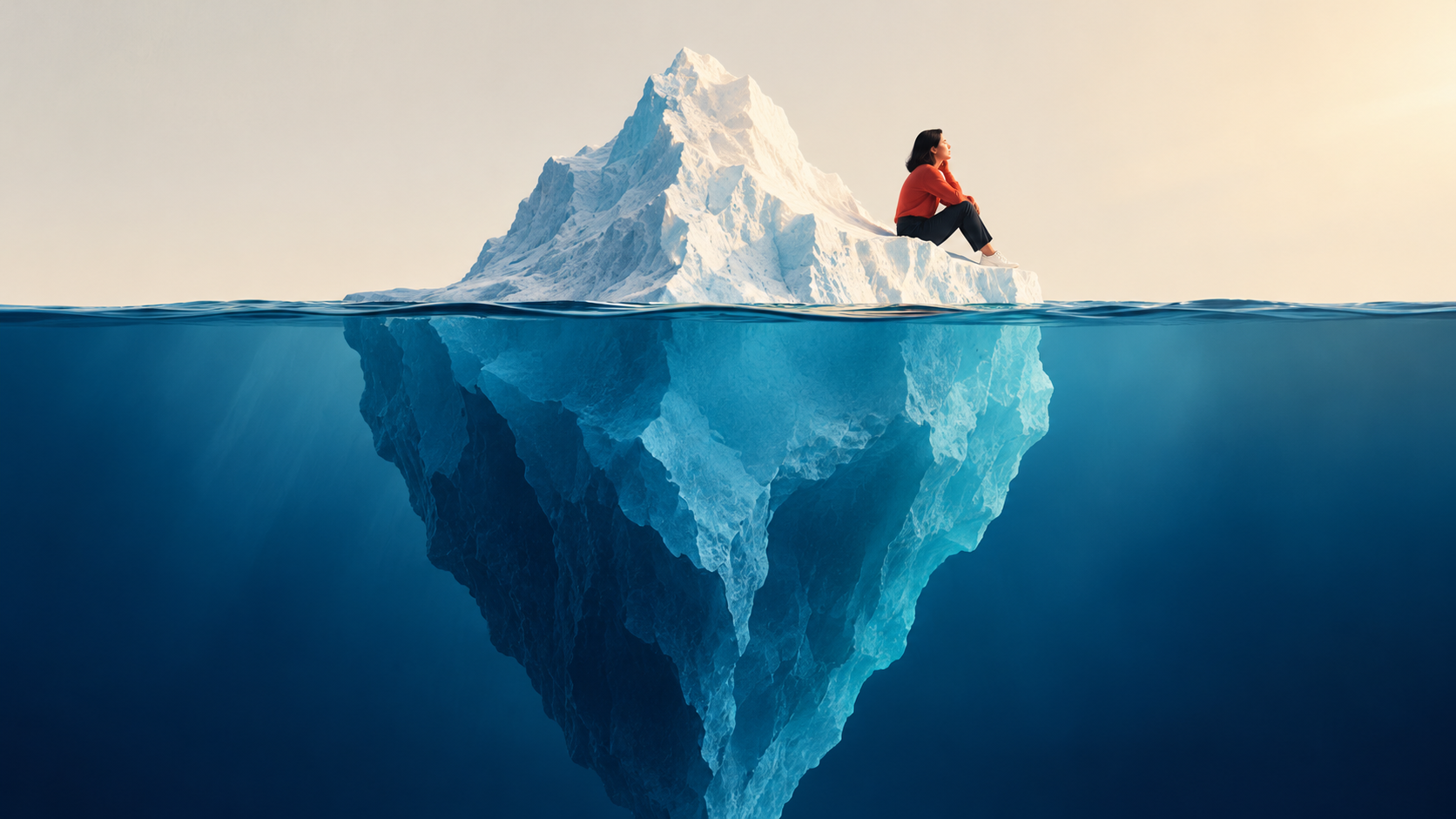 Iceberg illustration representing Géraldine Gauthier’s V.I.E. Model of vulnerability in conversations, from visible facts to deeper emotions and identity in coaching and leadership.