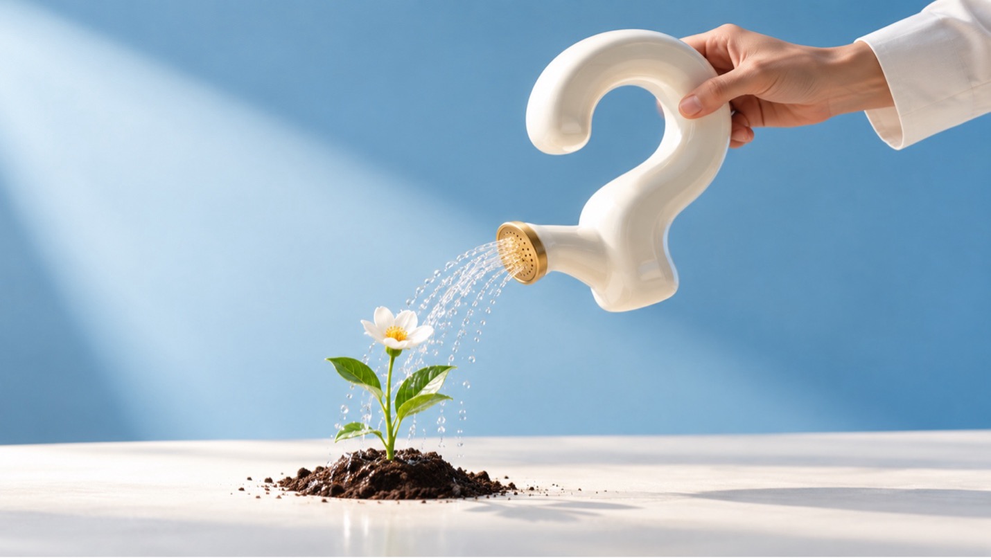A question mark watering a growing seedling, symbolising how powerful coaching questions encourage personal growth and self-awareness.