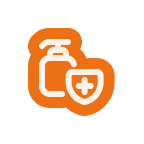 Icône d'une bouteille de désinfectant avec un bouclier portant une croix blanche sur fond orange.