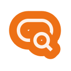 Icône de loupe sur une bulle de discussion orange.