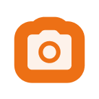 Icône orange d'un appareil photo blanc stylisé.