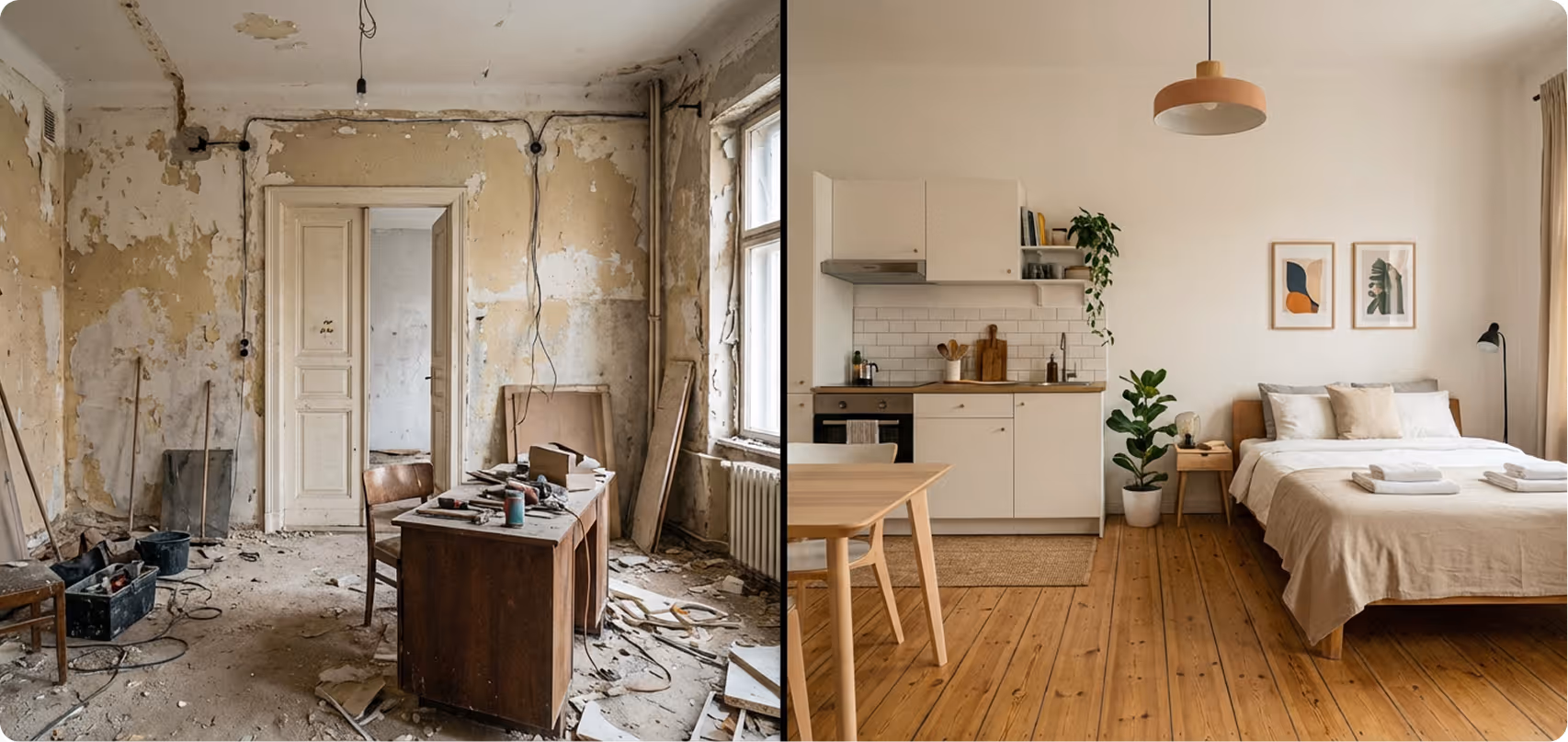 Photo avant/après d'un intérieur très délabré