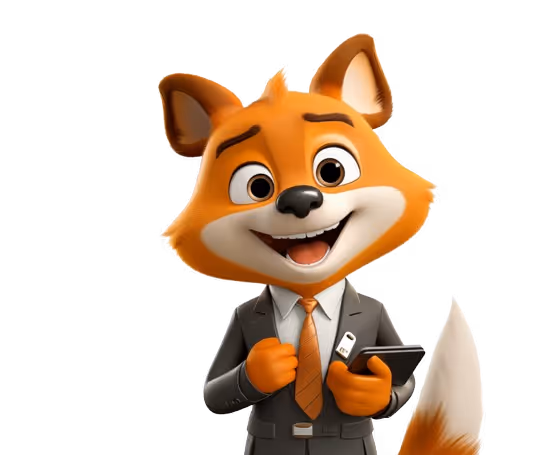 Un renard caricatural souriant portant un costume gris et une cravate orange, tenant une tablette numérique.