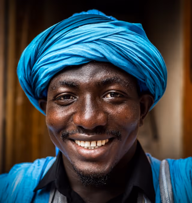 Portrait d'un homme souriant portant un turban bleu vif et une chemise assortie.