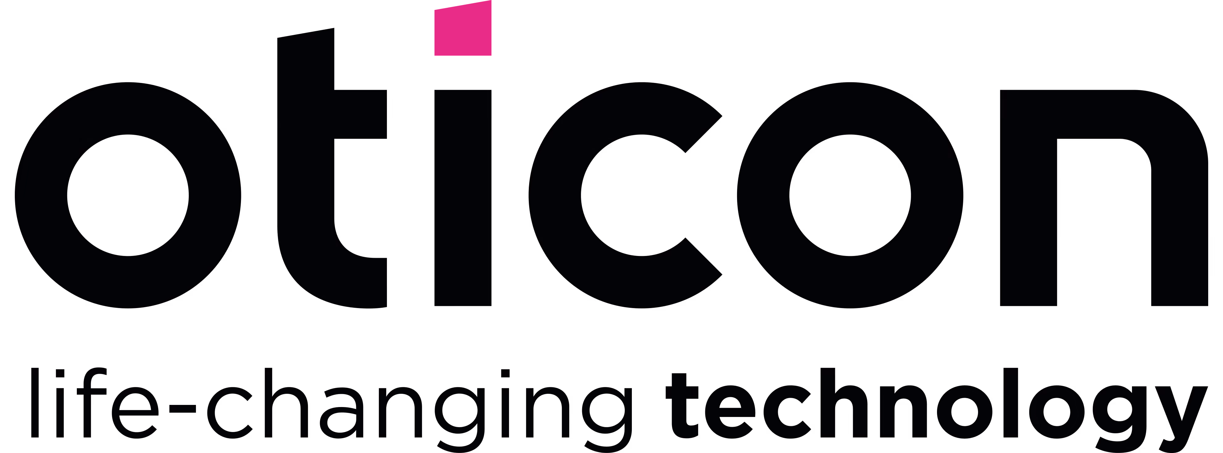 Oticon Schriftzug mit dem Slogan lebensverändernde Technologie darunter.
