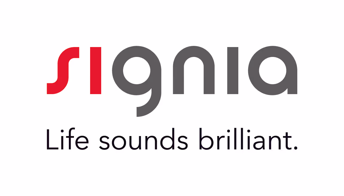 Signia Schriftzug mit dem Slogan „Life sounds brilliant.“ in Schwarz und Rot.