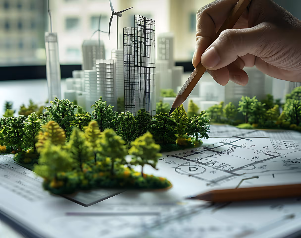 Mano dibujando árboles en un modelo arquitectónico de ciudad sostenible con edificios y turbinas eólicas.