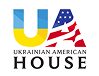 Logo with stylized letters U and A in blue and yellow and red with stars and stripes, above the text 'Ukrainian American House'.