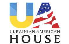 Logo with letters 'UA' styled with Ukrainian and American flag patterns above the text 'Ukrainian American House'.