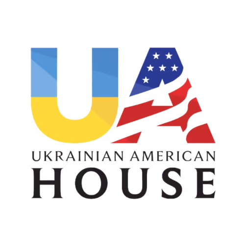 Logo with letters 'UA' colored in Ukrainian and American flag patterns above text 'Ukrainian American House.'