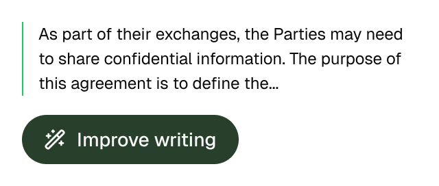 Text snippet showing tags Grammar, Spelling, Cross-reference with a partial sentence and a green button labeled Improve writing.