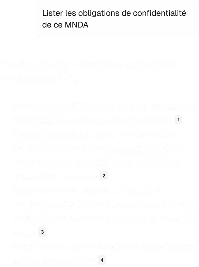 Écran du chatbot affichant la demande de l'utilisateur visant à répertorier les obligations de confidentialité d'un MNDA et la réponse du chatbot répertoriant quatre obligations de confidentialité clés.