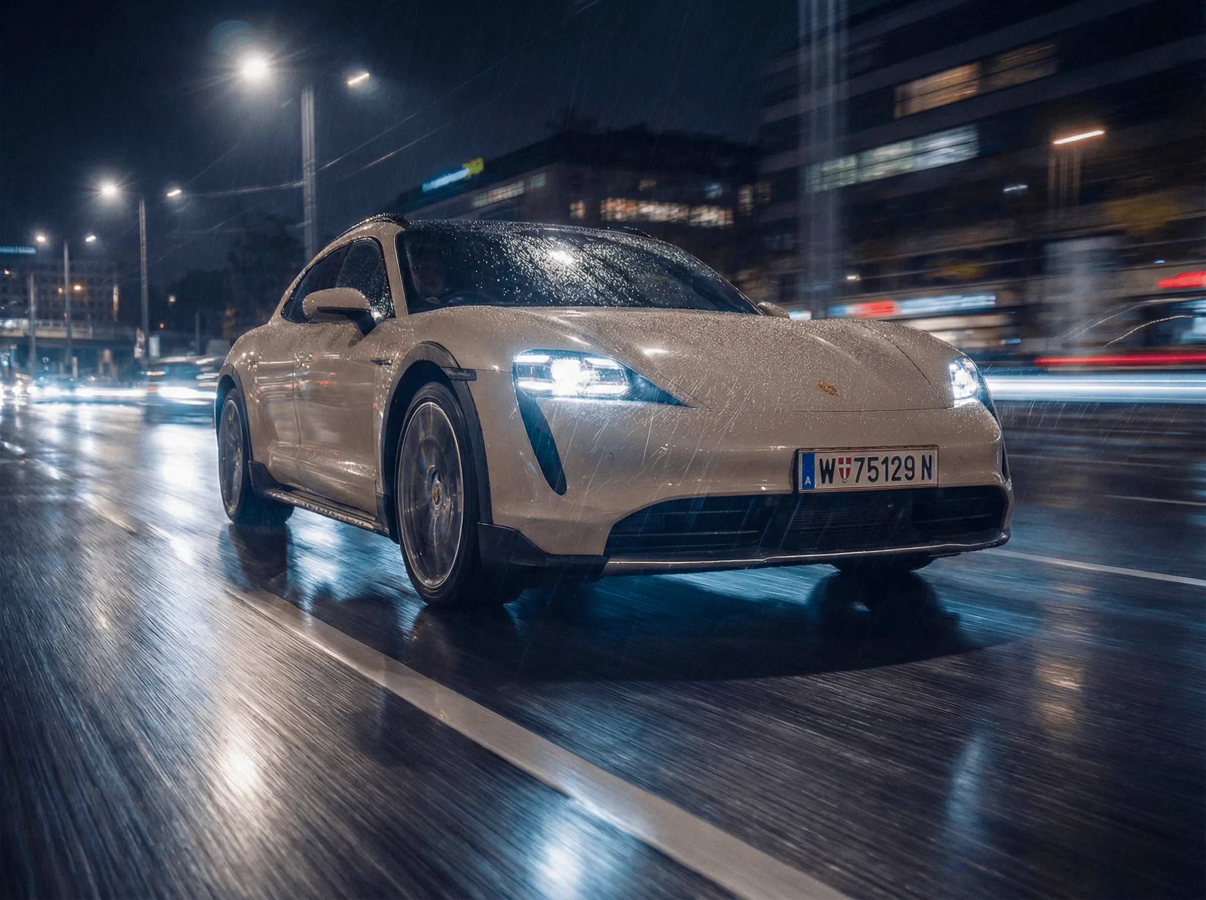 White Porsche sports car driving on a wet city street at night with headlights on and raindrops on the car surface.