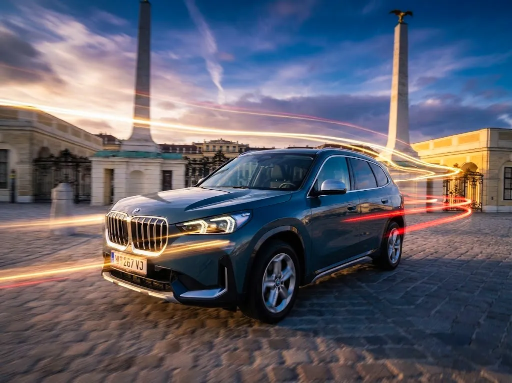 Dark blue BMW SUV parked on cobblestone plaza at sunset with light trails swirling around.