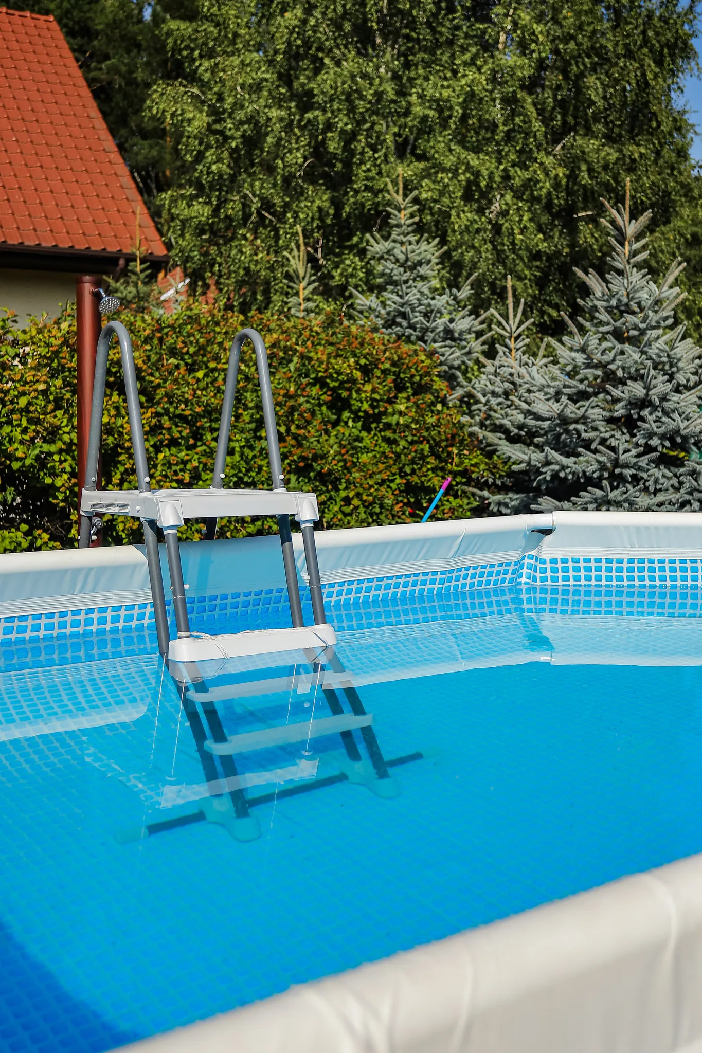 Basen ogrodowy na pierwszym planie z placem zabaw i huśtawkami otoczonymi zielenią i drzewami w tle.