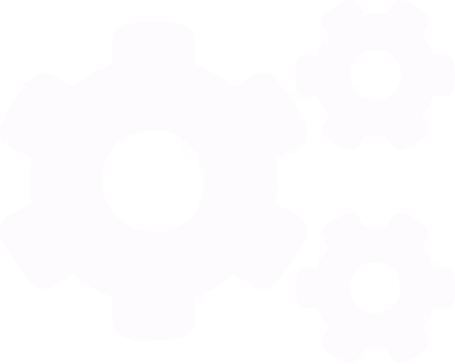 White gear icons of different sizes on a transparent background.