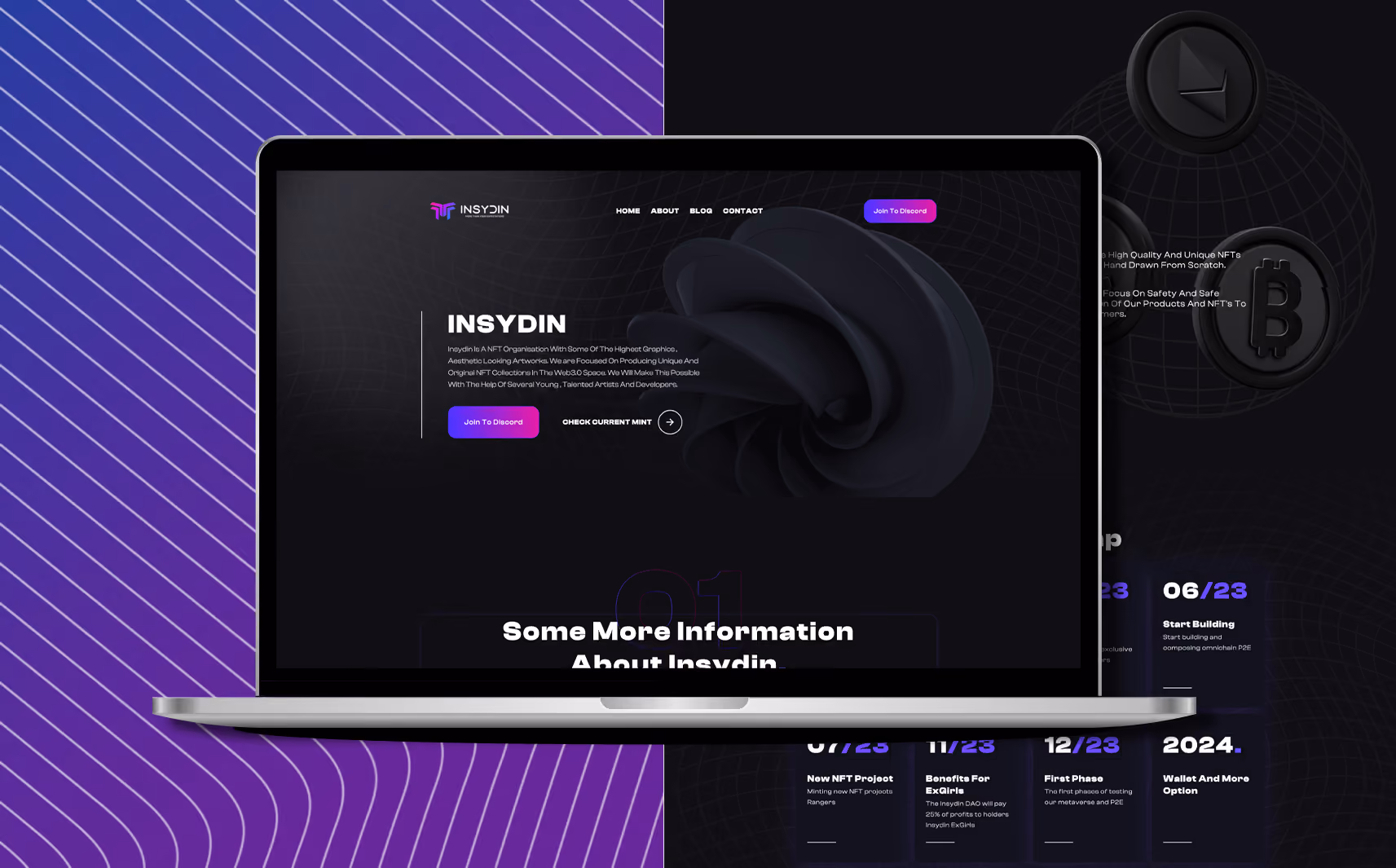 Laptop displaying the INSYDIN NFT organization website with navigation menu and purple gradient background with digital coin symbols.