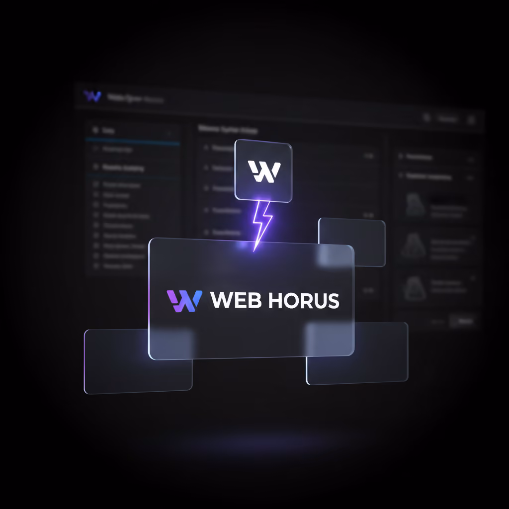 Web Horus logo with a purple-blue gradient 'W' and white text on a dark blurred background featuring a lightning bolt connecting two icons.