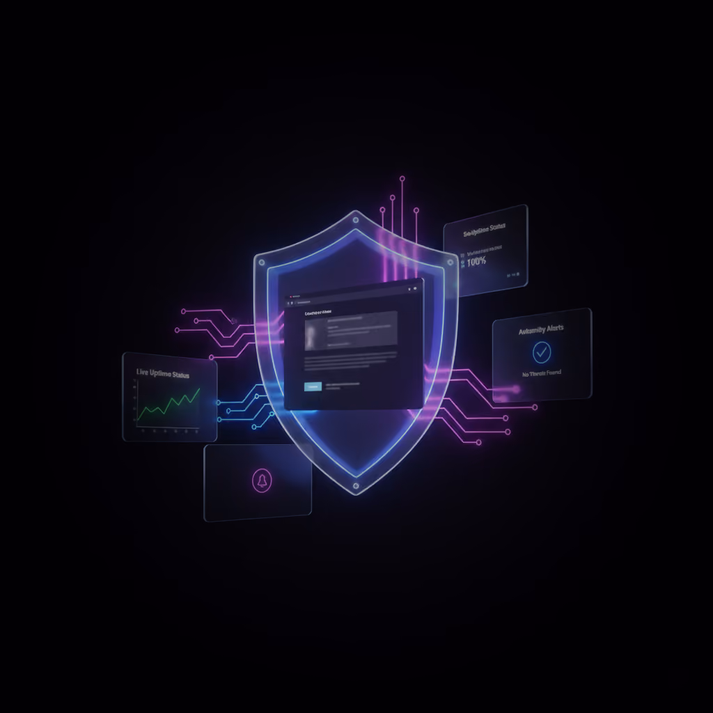 Digital shield with glowing circuits and floating monitoring panels showing live uptime status, security score, and alert notifications.
