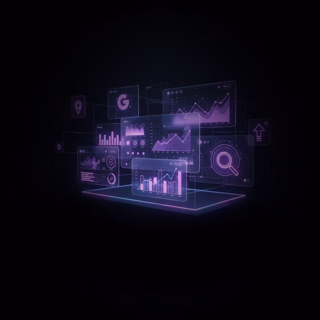 Futuristic holographic data interface displaying various charts, graphs, and icons above a glowing tablet.