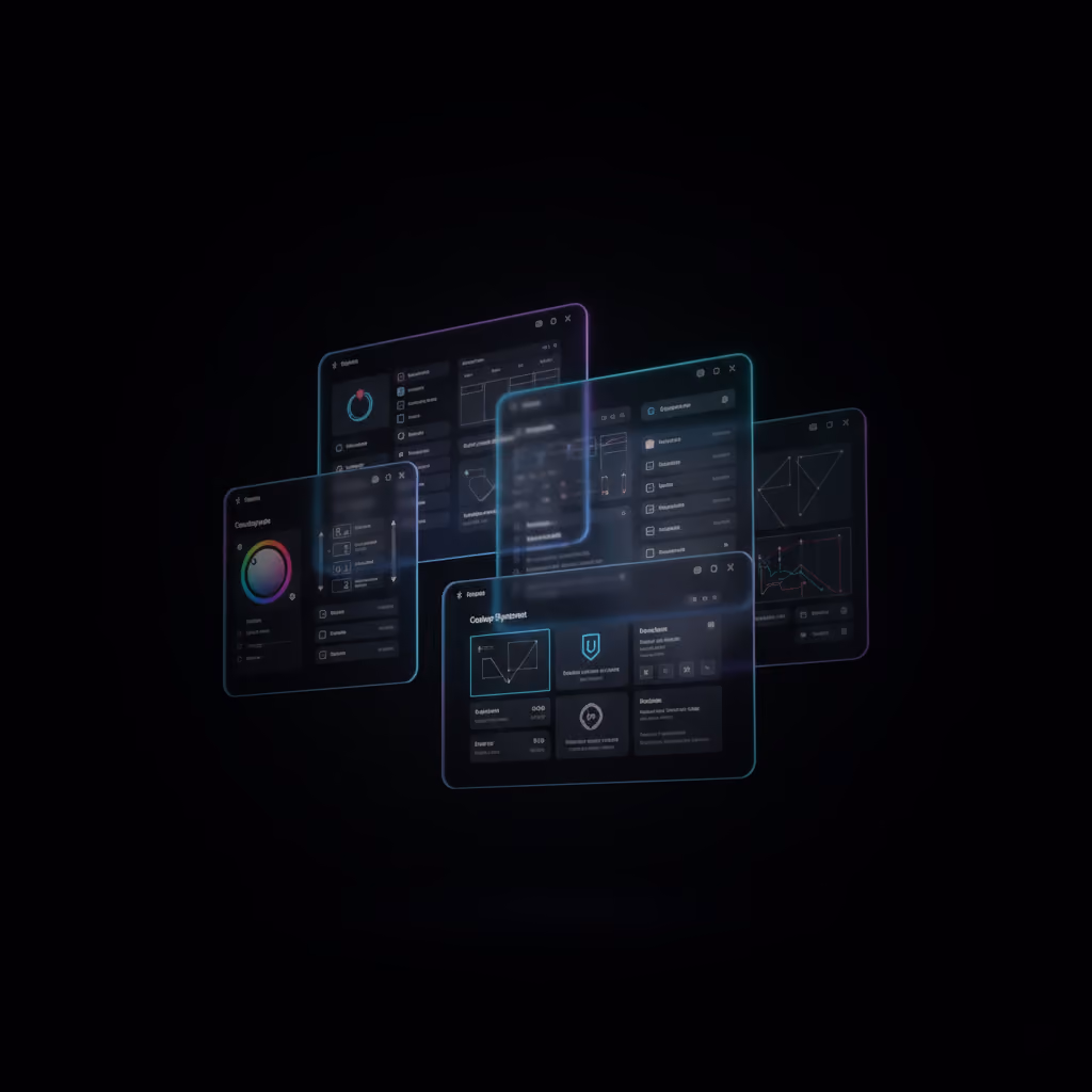 Futuristic translucent digital interface panels displaying graphs, settings, and data visualizations on a dark background.