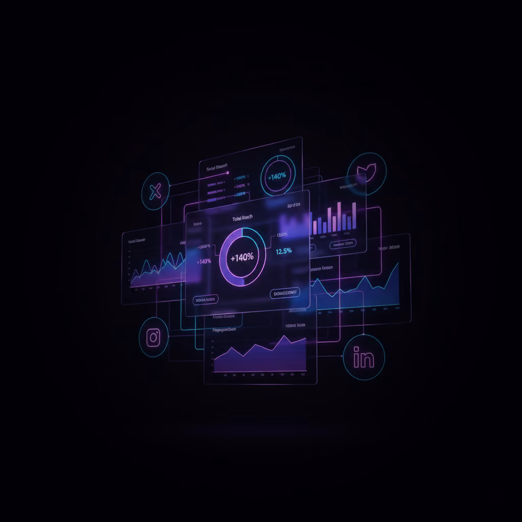 Digital dashboard with glowing neon charts and graphs showing growth metrics, surrounded by social media icons on a dark background.