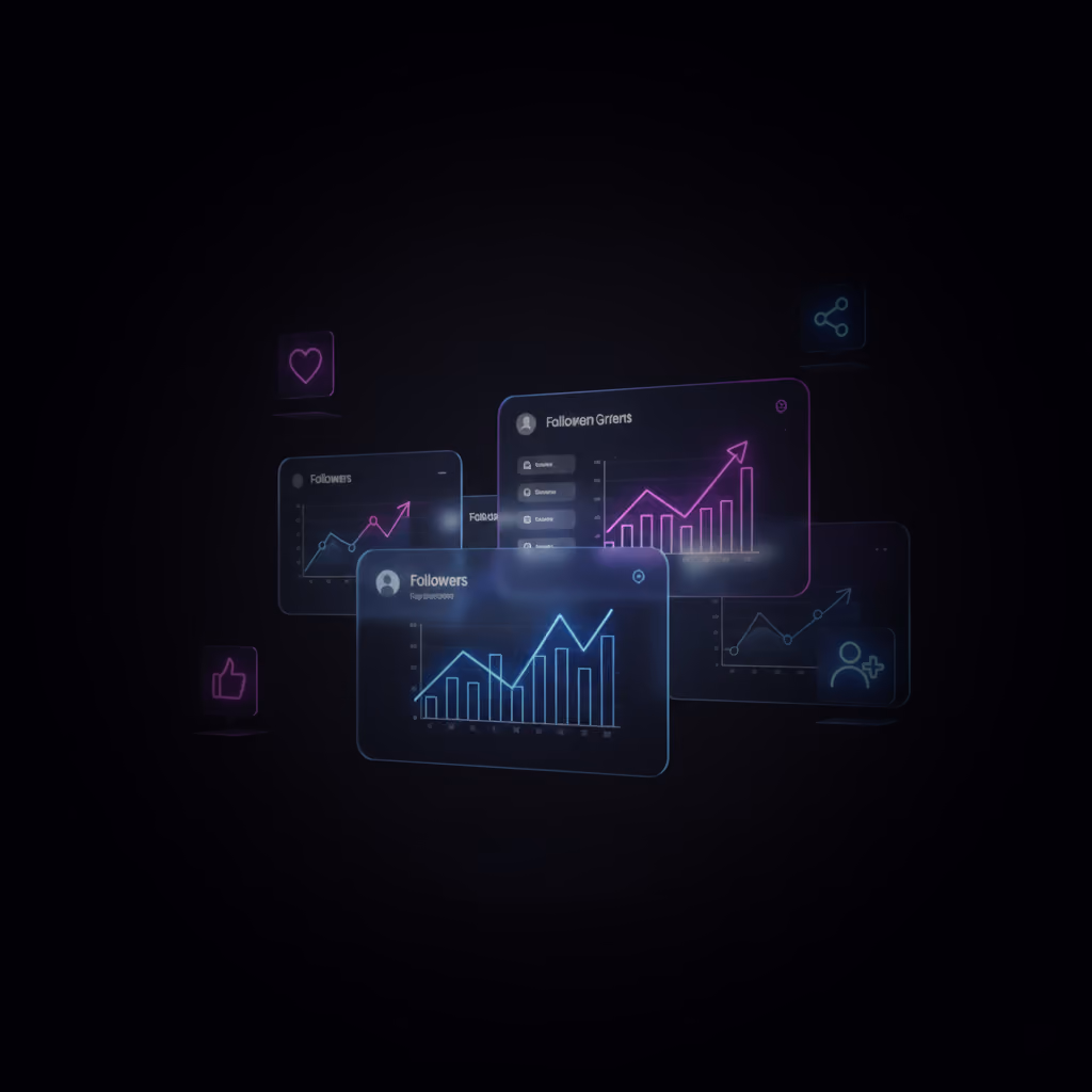 Digital interface displaying multiple social media analytics cards with follower growth charts and icons like heart, thumbs up, and user.