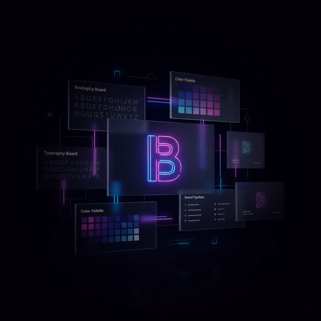 Digital neon interface showing a glowing letter B with connected panels displaying color palettes, typography, and brand style elements on a dark background.
