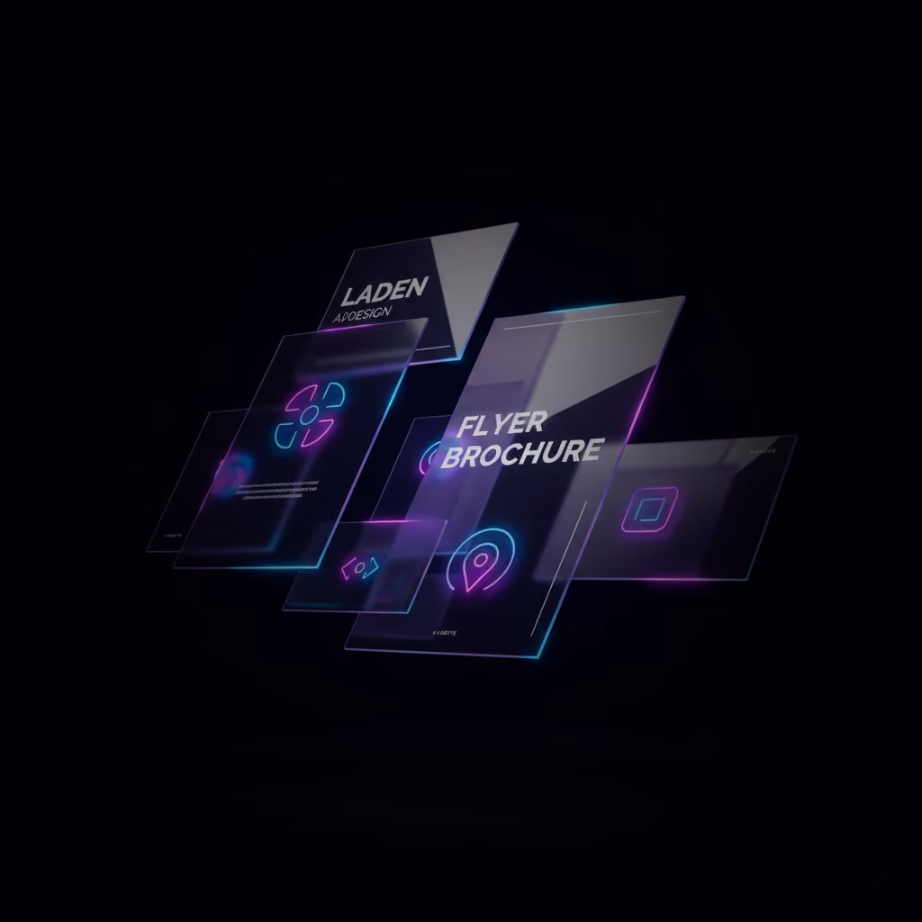 Futuristic transparent digital interface panels with neon blue and purple icons and text including 'Flyer Brochure' and 'Laden ADOESIGN'.