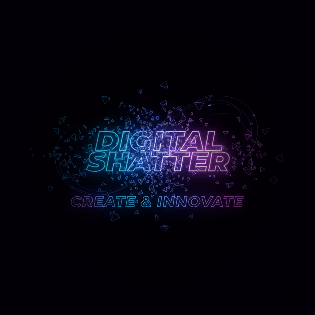 Neon glowing text 'DIGITAL SHATTER' surrounded by fragmented shards and 'CREATE & INNOVATE' below on black background.