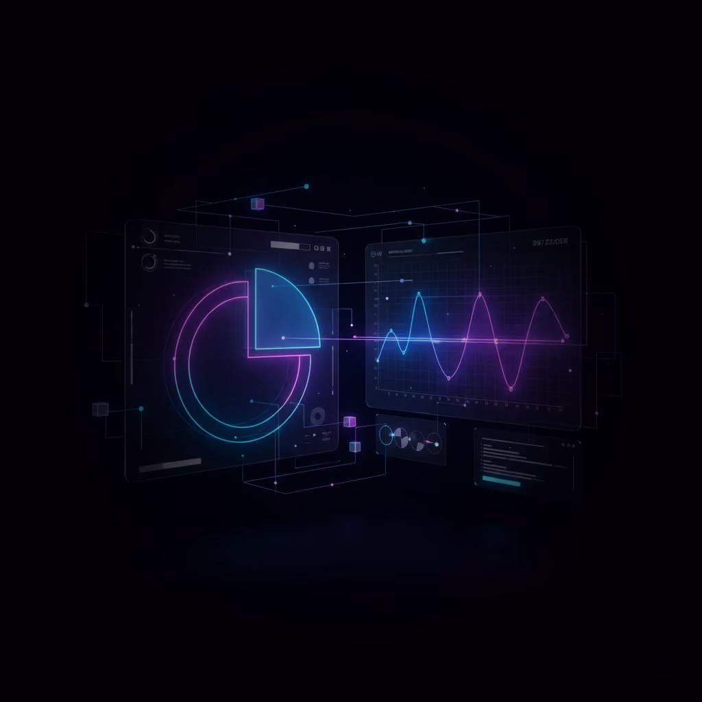 Futuristic glowing digital interface displaying a neon pie chart and a waveform graph on dark background.