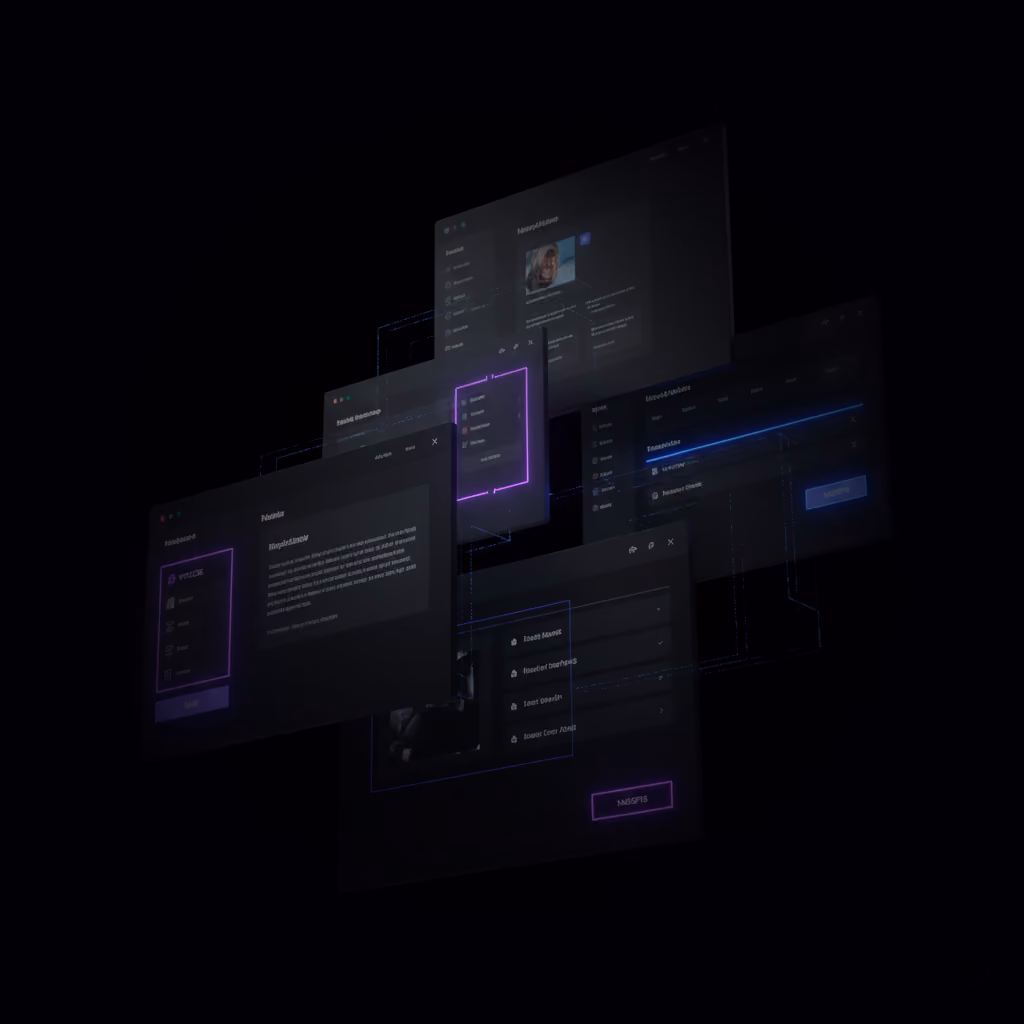 Dark-themed user interface screens floating with neon purple and blue highlighted sections connected by dotted lines.