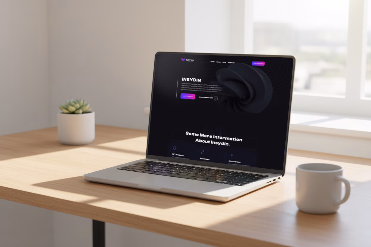 Laptop on a wooden desk displaying a dark-themed website titled 'INSYDIN' with a succulent plant on the left and a white coffee mug on the right.