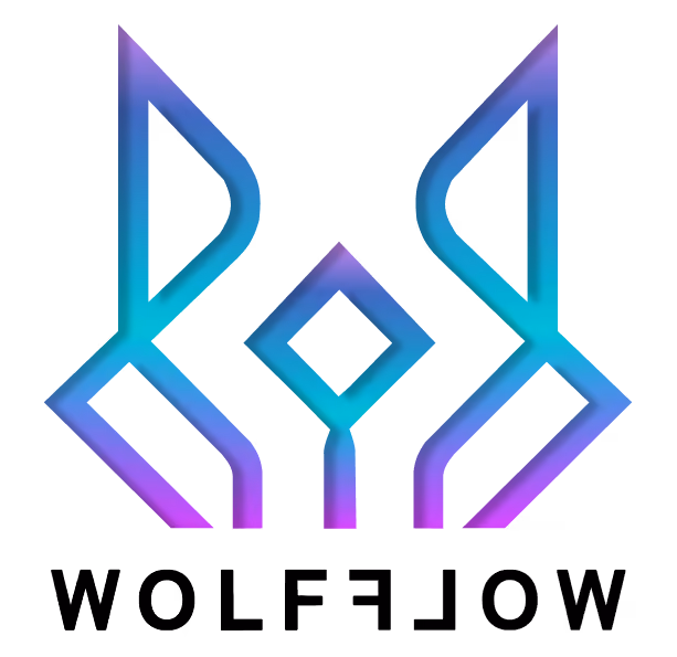 Abstract geometric fox head logo with gradient colors from blue to purple above the text 'WOLFFLOW' in mirrored style.