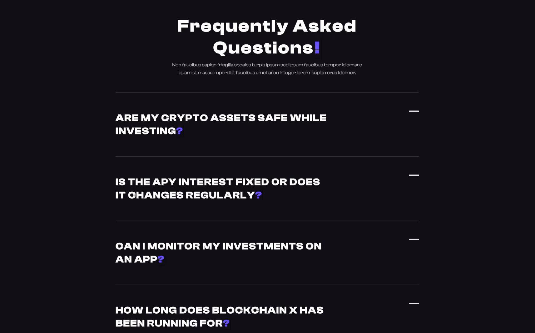 Frequently Asked Questions section with four questions about crypto assets, APY interest, app monitoring, and Blockchain X history on a dark background.